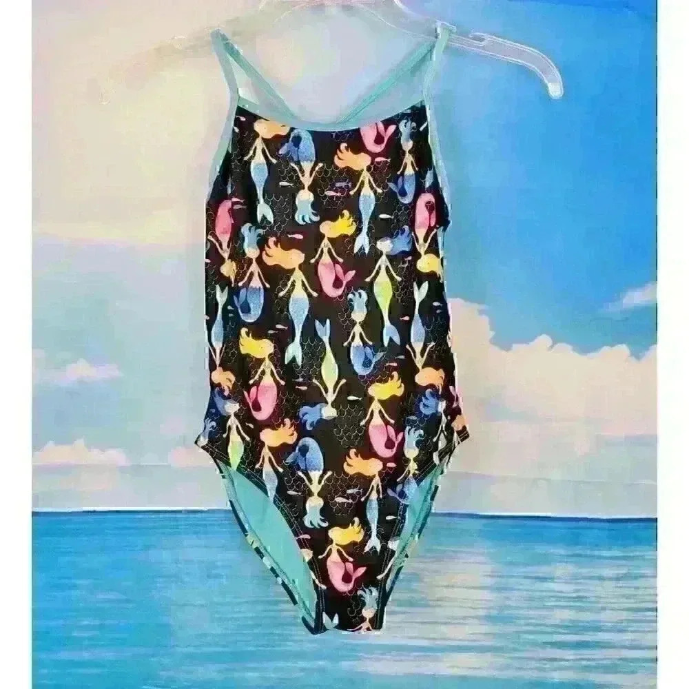 WONDER NATION Girl MERMAID Bathing Swim Suit BLACK One Piece LINED size Lg 10-12 - Picture 2 of 5